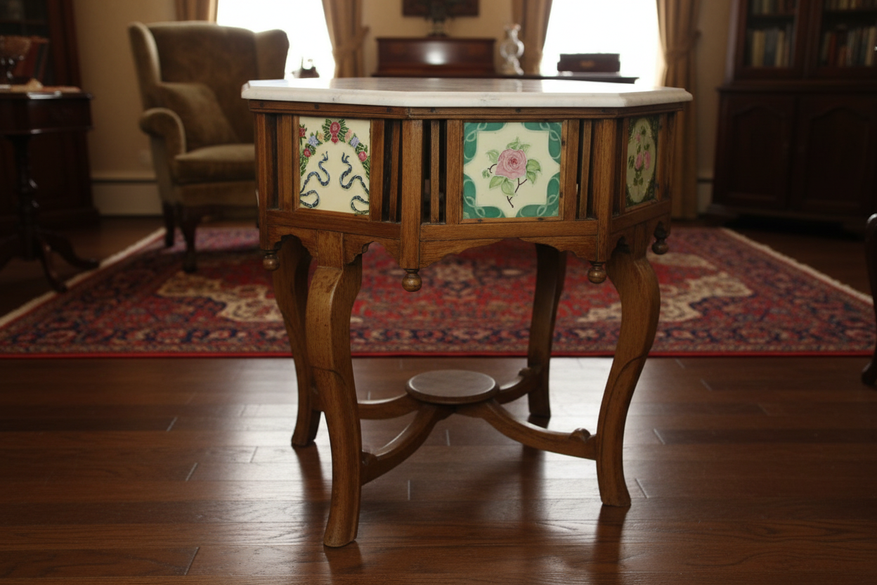 1895 Antique Minton Hollins Hexagonal Stand — Victorian Parlor Setting